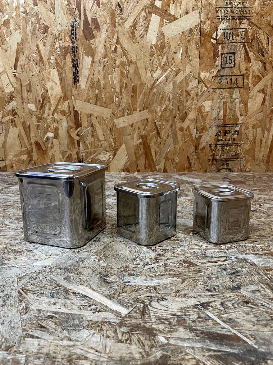 C(6875)ステンレス 角キッチンポット 3個セット 12・9・8㎝ 蓋あり 