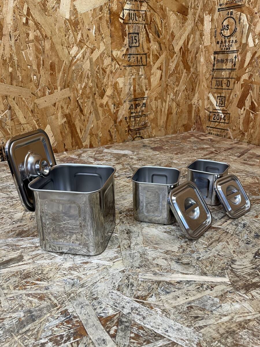 C(6875)ステンレス 角キッチンポット 3個セット 12・9・8㎝ 蓋あり 