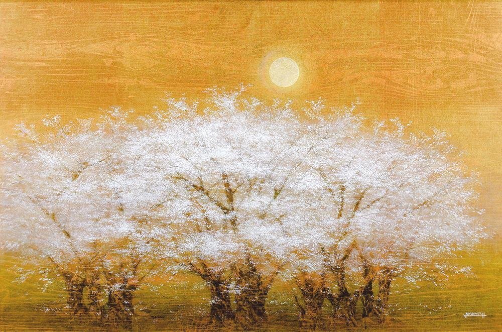 真作】【WISH】増本憲樹「春香連桜」和紙に油彩 30号 大作 共シール