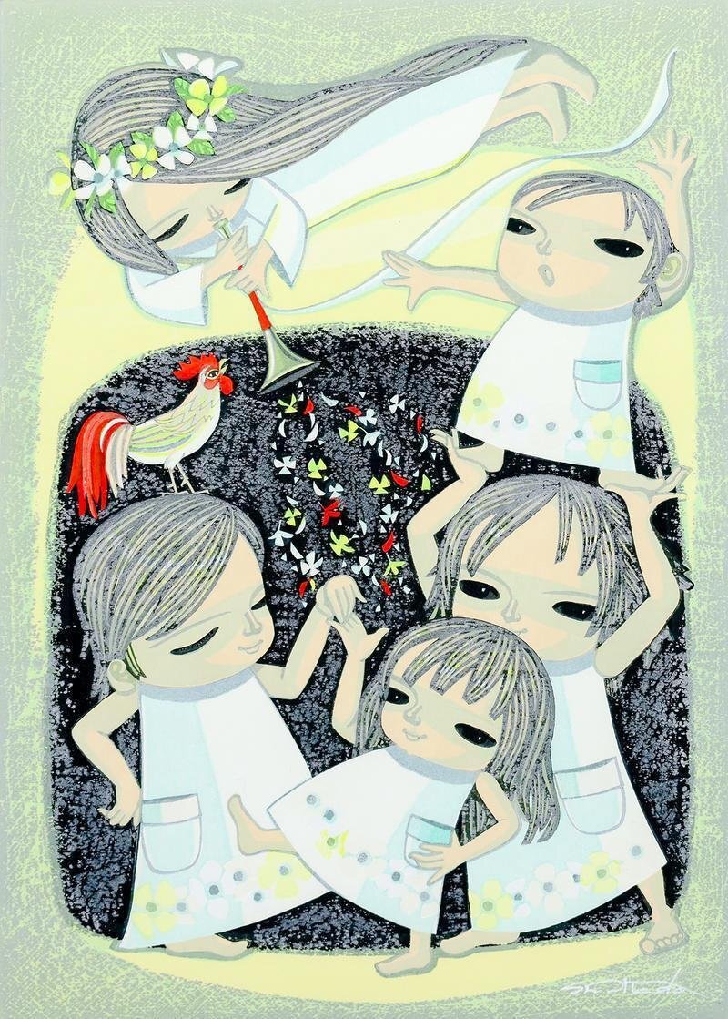 真作】【WISH】池田修三「朝のうた」木版画 6号大 1986年作 直筆サイン