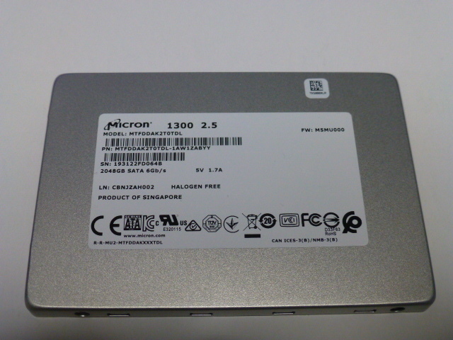 Micron 2TB SSD S-ATA 正常判定 Micron 1300 SSD SATA 2.5inch 2048GB(2TB) 電源投入回数14回 使用時間