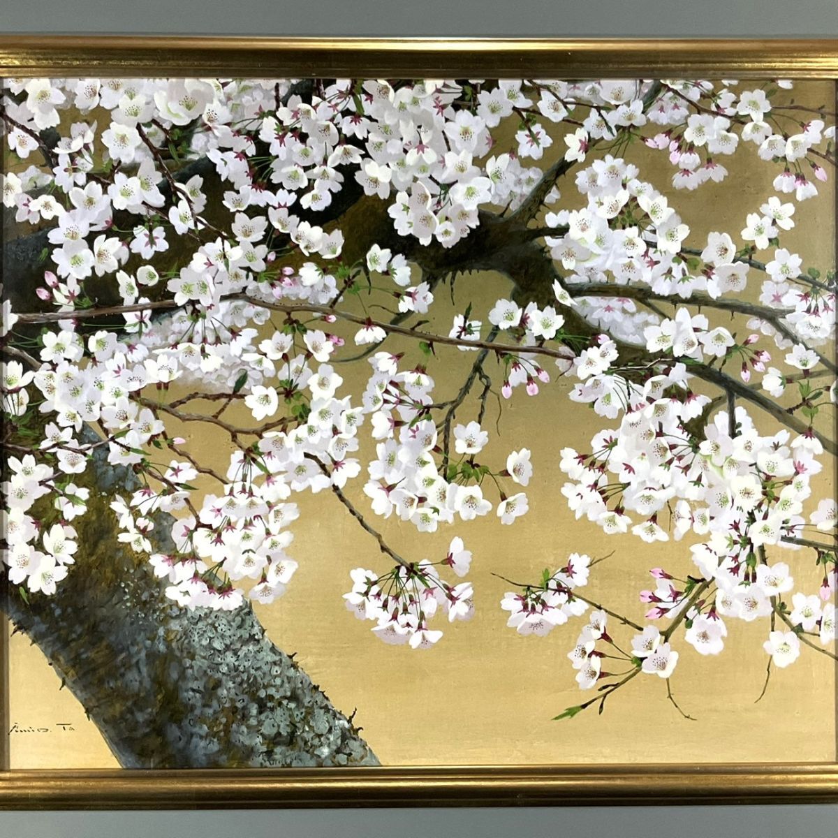 真作□油彩□竹尾文夫□『さくら』□15F大型・美しい桜樹名品