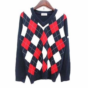 コルウィン Kolwin ニット セーター Vネック アーガイル柄 長袖 M 紺 ネイビー /YK レデ