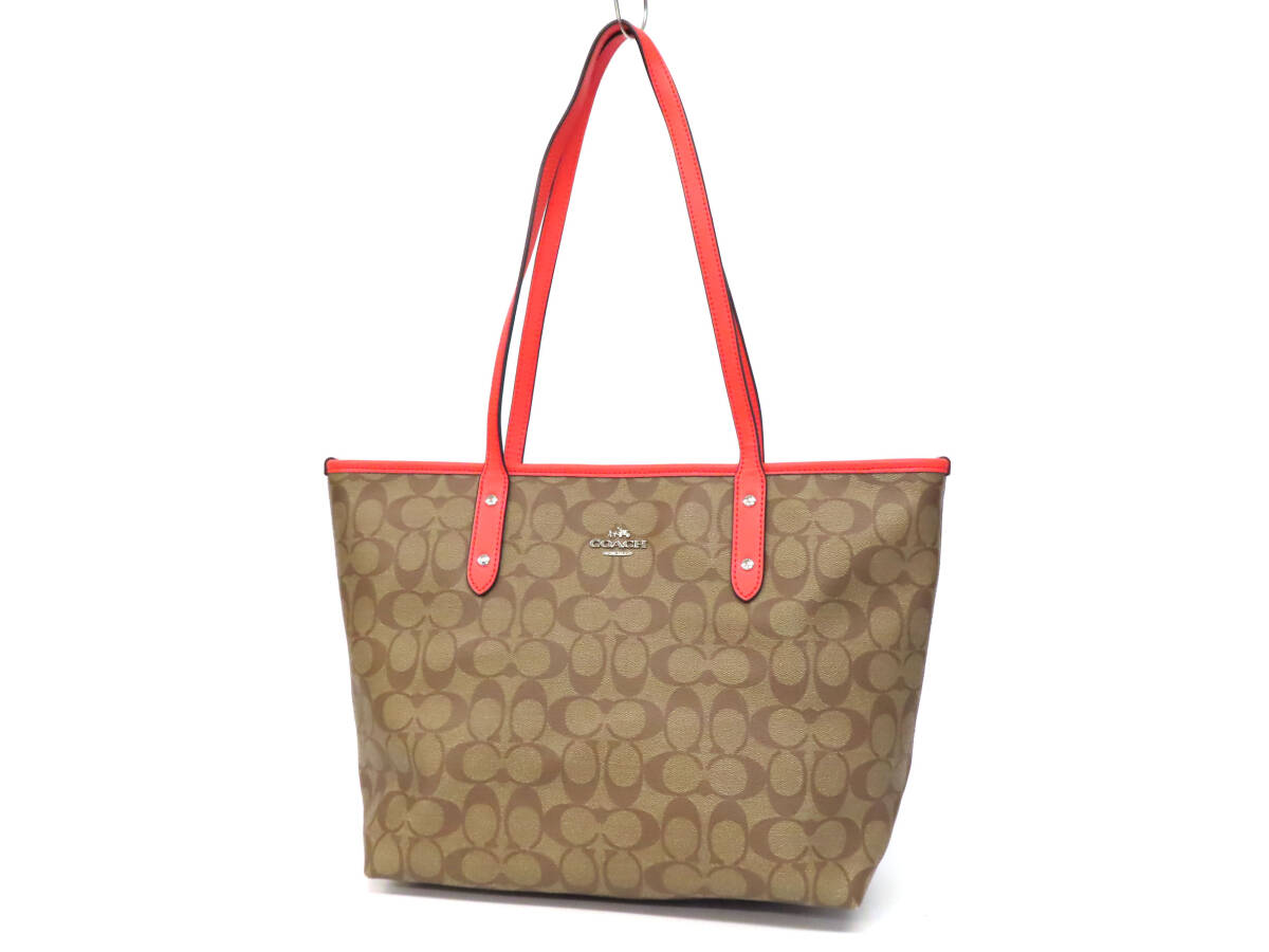 25630 美品 COACH コーチ メタルロゴ シグネチャー PVC×レザー ジップ 