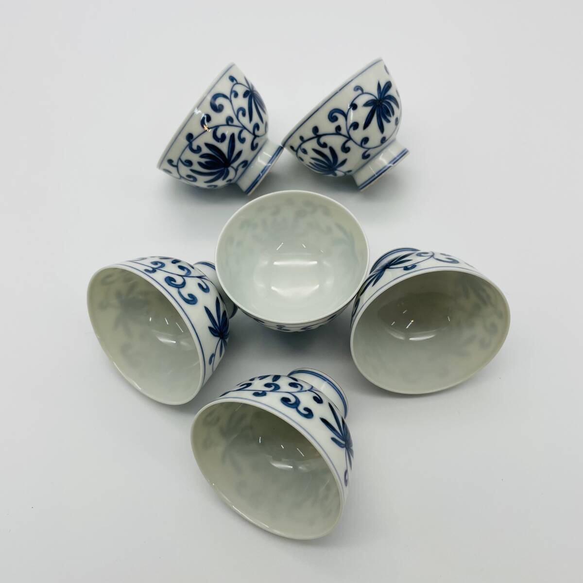 平安 吉兆 在銘 染付 花草 5客 煎茶椀 共箱 茶道具 【公式通販】