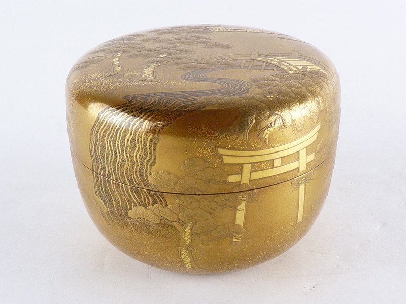 扇屋】松田正治 作「住吉蒔絵 平棗」内梨地 共箱 高さ 約6cm 幅 約8cm