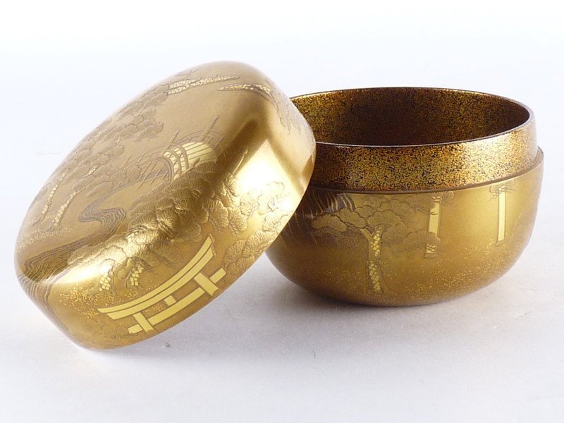 扇屋】松田正治 作「住吉蒔絵 平棗」内梨地 共箱 高さ 約6cm 幅 約8cm
