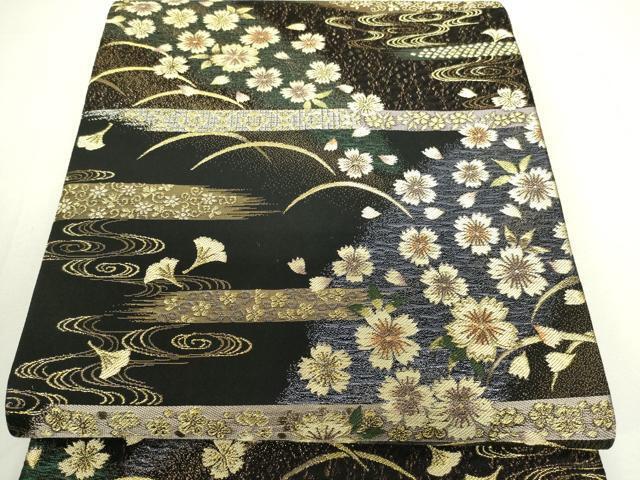 袋帯 美品 名品 やまと 動物 段縞模様 金銀糸 箔 青緑 六通