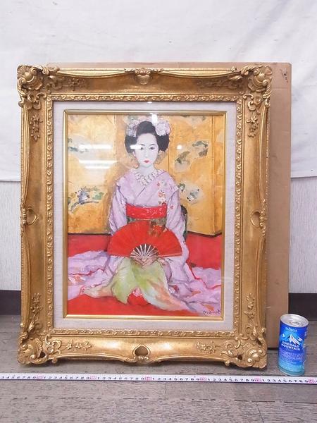 K06882北村修 日本美術家連盟会員 「扇」 F6 油彩 人物画 額(人物画