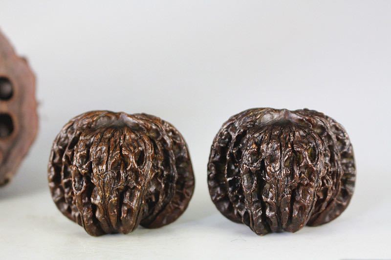 極美古銅煎茶道具 質感 細工実心実感銅クルミ置物2点セット　高級　上品　文玩　文鎮_4