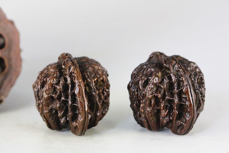極美古銅煎茶道具 質感 細工実心実感銅クルミ置物2点セット　高級　上品　文玩　文鎮_5