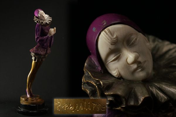 0112C 【P.Phillipe】在銘 アールデコブロンズ人物像 顔手象牙造