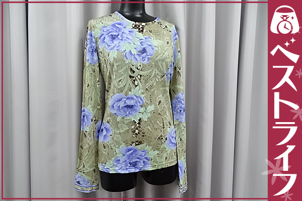 1円 本物 レオナール 花柄 長袖トップス S ベージュ×水色系