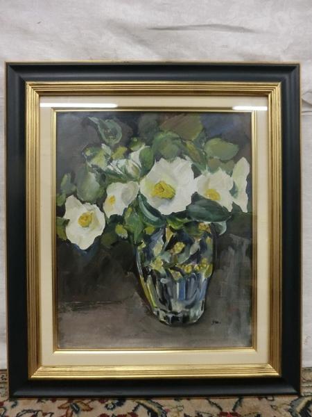 E05527 Yuサイン 瓶花図 油彩 F8 額装 静物画