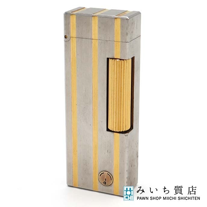 質屋 1円～ dunhill ダンヒル ガスライター ローラー式 ゴールドカラー×シルバーカラー ストライプ 着火未確認 M3897 みいち質店_1