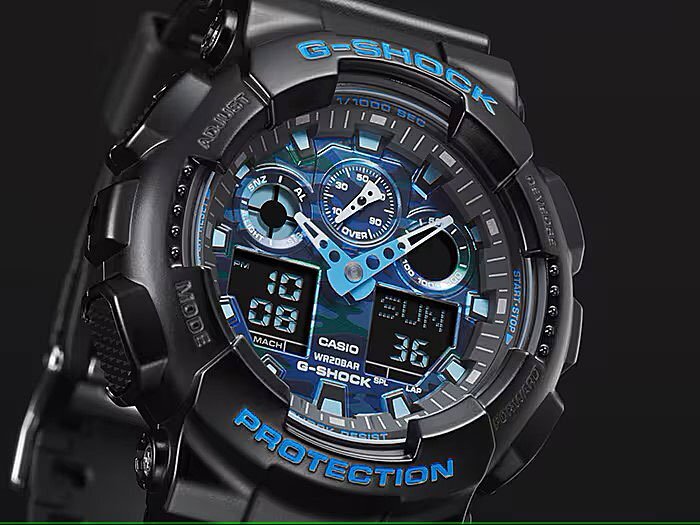 新品1円 Gショック 迷彩柄 ブルーカモフラージュ 200m防水 GA-100CB-1A
