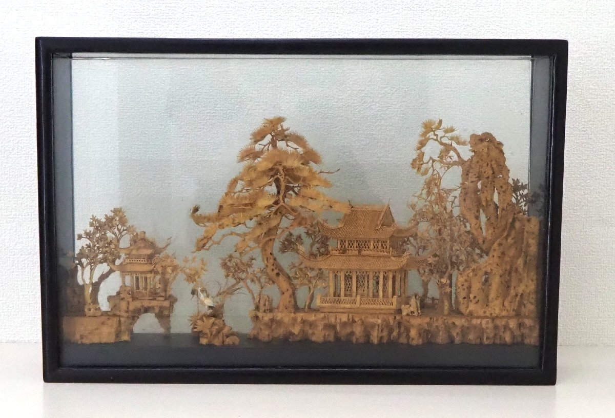美術品 中国工芸 山水楼閣鳥図 コルク細工 木彫り 木製 中国庭園