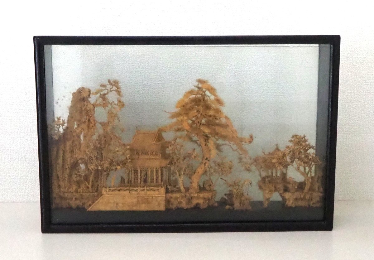美術品 中国工芸 山水楼閣鳥図 コルク細工 木彫り 木製 中国庭園