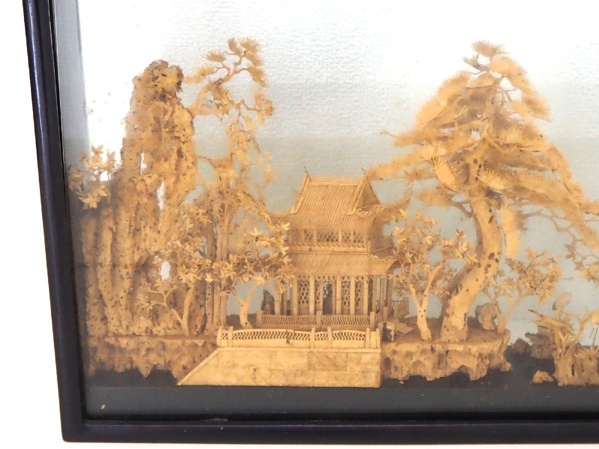美術品 中国工芸 山水楼閣鳥図 コルク細工 木彫り 木製 中国庭園