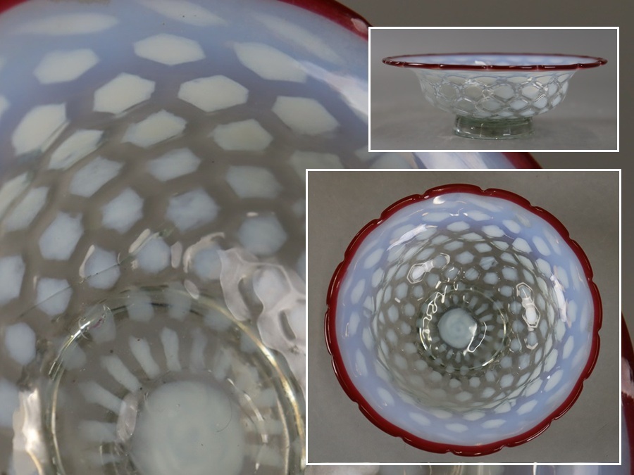 和ガラス 名品 明治大正ガラス 金赤色花縁型抜き亀甲紋コンポート 氷
