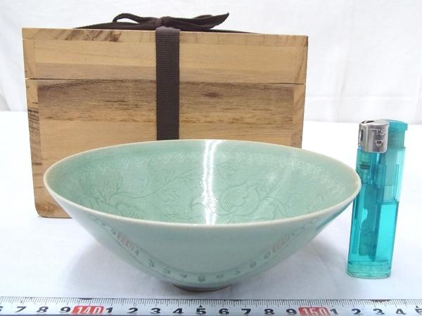 茶道具 共箱 抹茶碗 陶磁器 雲鶴文茶碗 z7287o 韓国美術 海晴窯