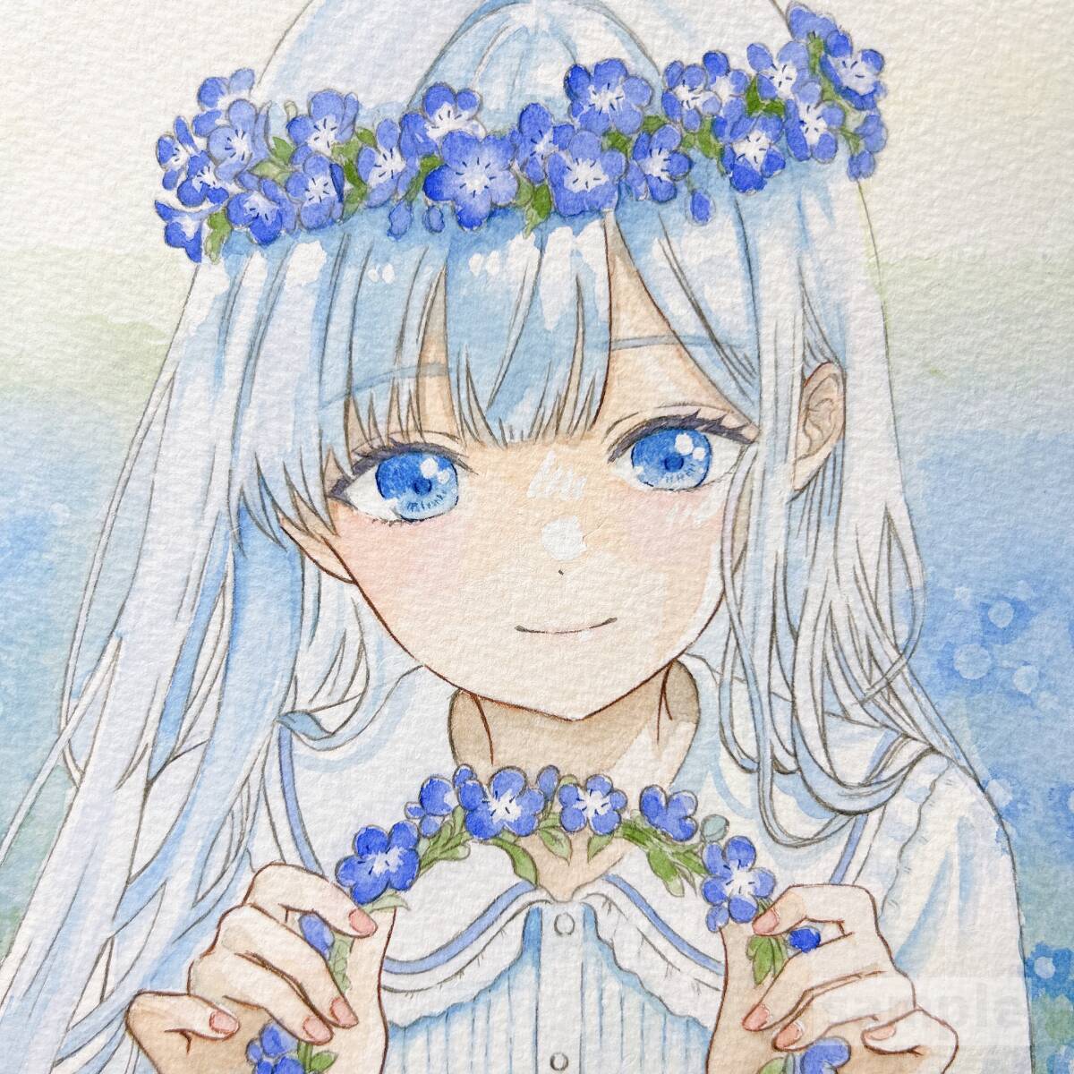 少女と花の手描きイラスト A4 ☆原画☆ 一点物 手描き オリジナル イラスト A4 カラーイラスト 水彩