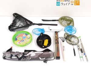 ソフトバケツ、タモ網 ランディングネット、竿受け、熊手、手動膨張式 ライフジャケット