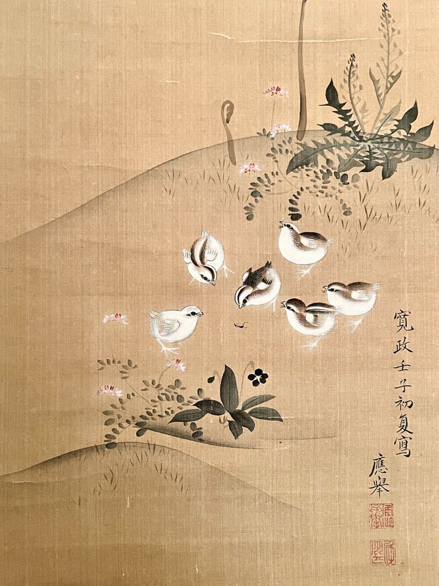 笹円山応挙 鶏之図 絹本 肉筆 掛軸 模写 桐箱 日本画 南画 圓