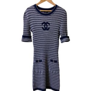 美品 CHANEL シャネル ココマーク ニットワンピース P63090 サイズ38 ネイビー