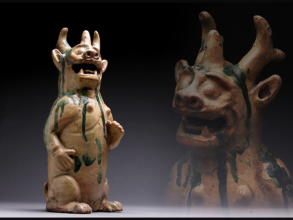 NM148 唐三彩神獸・三彩瓷神獣・三彩獅子像☆中国古玩置物擺件