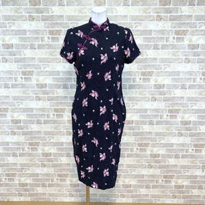 1円 チャイナドレス ELISA ワンピース S 黒系多色柄 肩パット 裏地有 カラードレス キャ