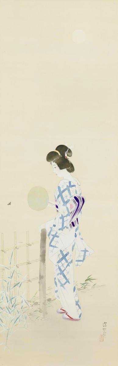 真作】【WISH】伊東深水「蛍」日本画 掛軸 絹本 金泥仕様◇東京美術