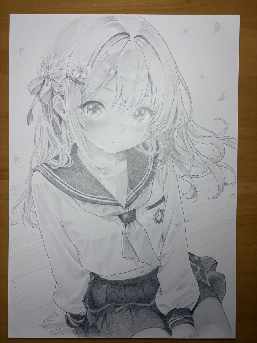 春風の少女】 手描きイラスト オリジナル 鉛筆画 制服 美少女 原画 A4