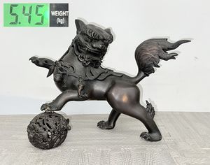 時代ブロンズ 銅製唐獅子 置物 重さ5.5kg 高30cm 幅27-15cm 日本金工