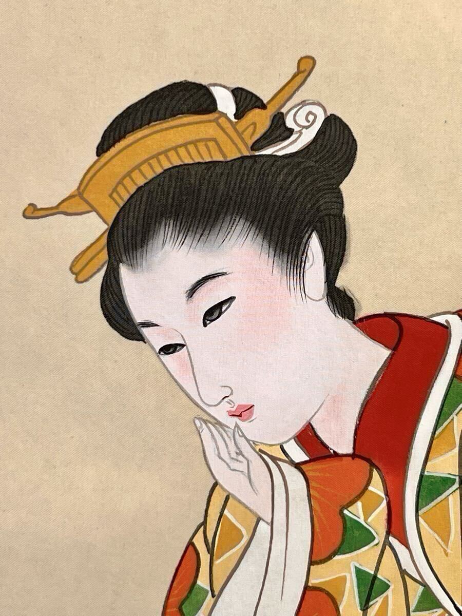 No3885額装　在銘　指水　美人画　燕柄着物　肉筆絹本　日本画　絵画 送料無料 真作】【凰】鏑木清方「着物美人」肉筆 絹本 合箱 美人画 日本画 絵画