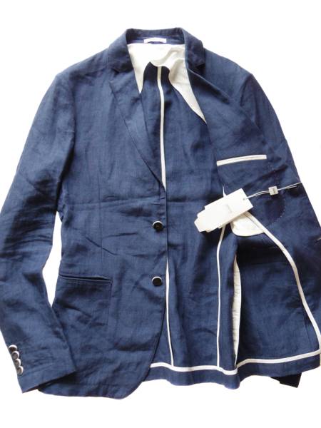 【アルマーニ】▼青▼100%オール麻▼薄手涼夏ジャケット▼56