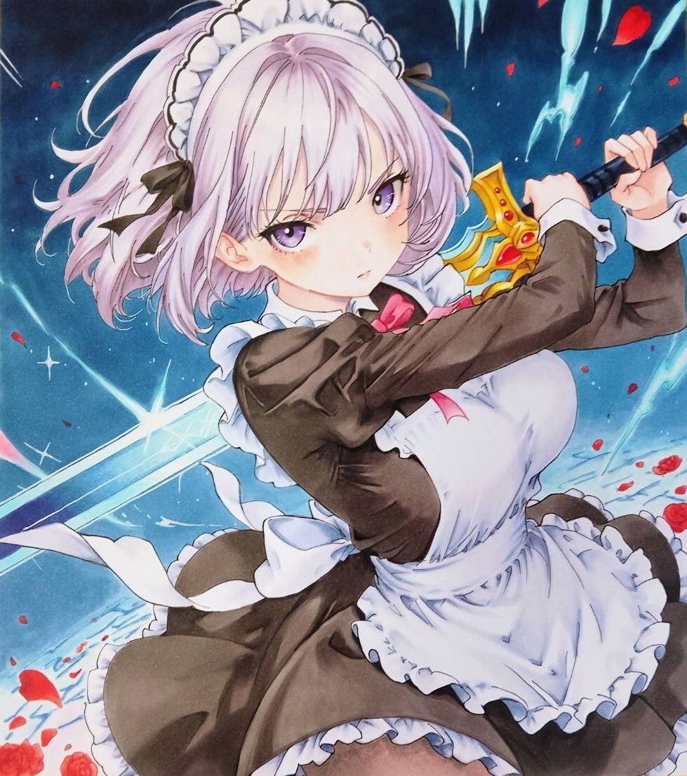 オリジナル 手描きイラスト 　コピック　原画 一点物 大色紙【一点物】主人を守る一撃 オリジナル 手描きイラスト コピック