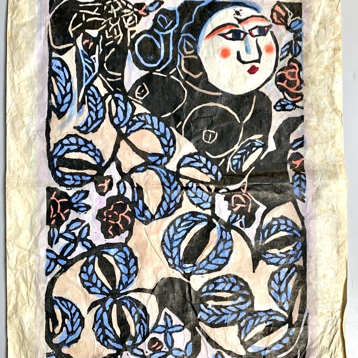 猫夢◇ 棟方志功 「若栗の柵」 木版画 裏手彩 直筆サイン [G138]T(木