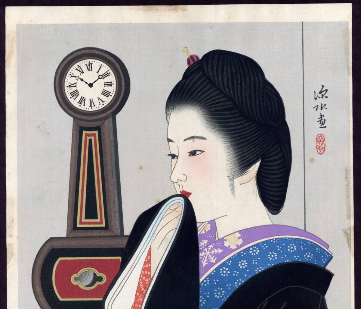 真作」伊東深水 時計と美人Ⅲ 堀田時計店 昭和39年(1964) 木版画