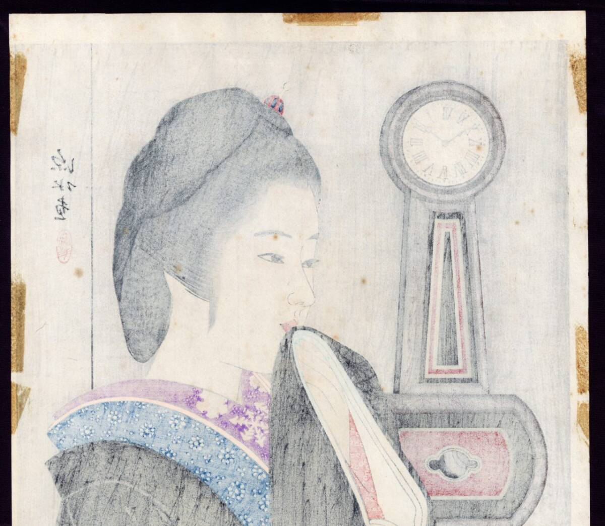 真作」伊東深水 時計と美人Ⅲ 堀田時計店 昭和39年(1964) 木版画