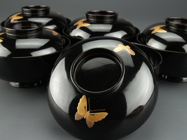 琴》茶懐石道具 黒塗花蝶蒔絵吸物椀五客 古美術品 AJ819 流茶懐石道具