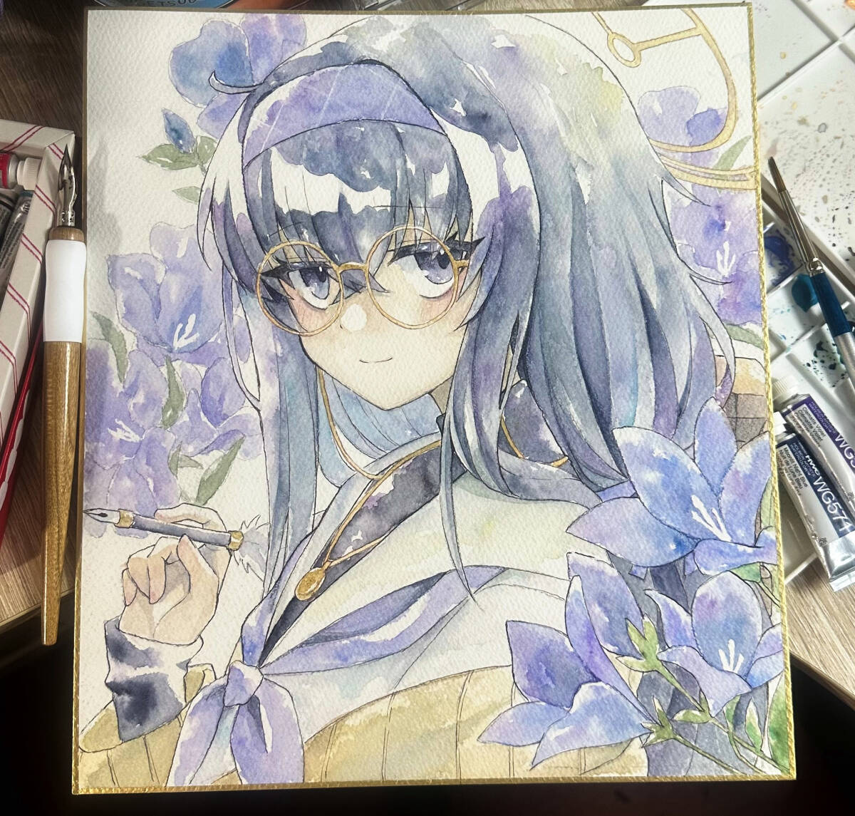 手描きイラスト 大色紙 ブルーアーカイブ 古関ウイ 透明水彩(手描き