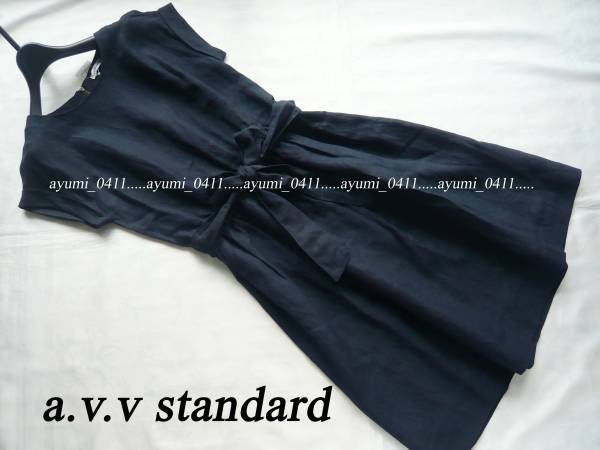 a.v.v/紺ネイビー・リボンベルト付きリネン混ワンピース11号Lavv