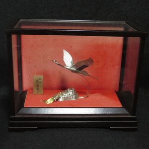 玉》 純銀 武比古作 鶴と亀 ガラスケース 共箱 銀製/置物 *65