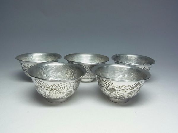☆中国 純銀製 茶器揃☆龍鳳凰陽刻/打ち出し/急須/茶壷/銀○興 uk120-L
