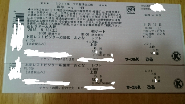 ８月１３日(土)阪神vs中日、ビジター応援席ペア