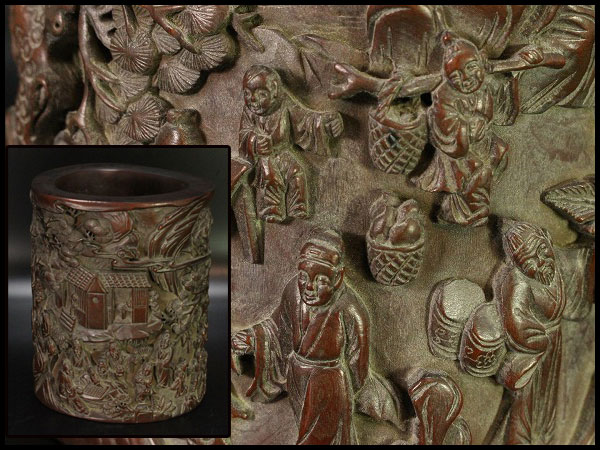 中国美術唐木彫刻人物故事紋筆筒旧家蔵出(SH317) 筆立て 筆筒