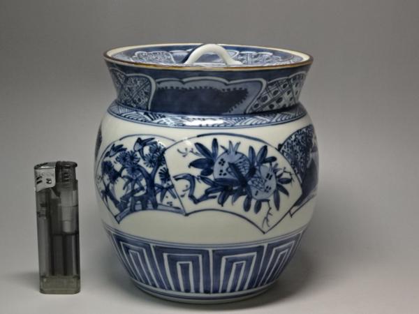□京焼 高野昭阿弥造【染付扇面 鮟鱇水指】茶道具 茶器