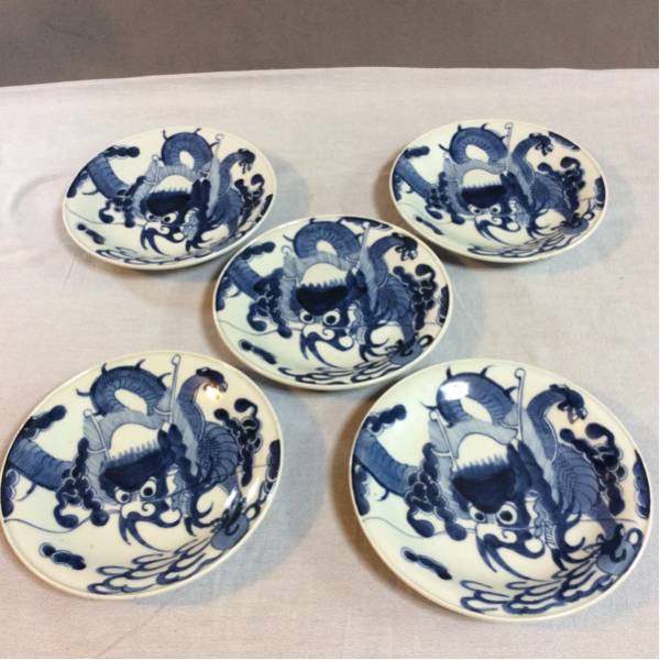古伊万里上手/ 染付 登り龍 裏面まで続/皿５枚/ｓ2// E-1592
