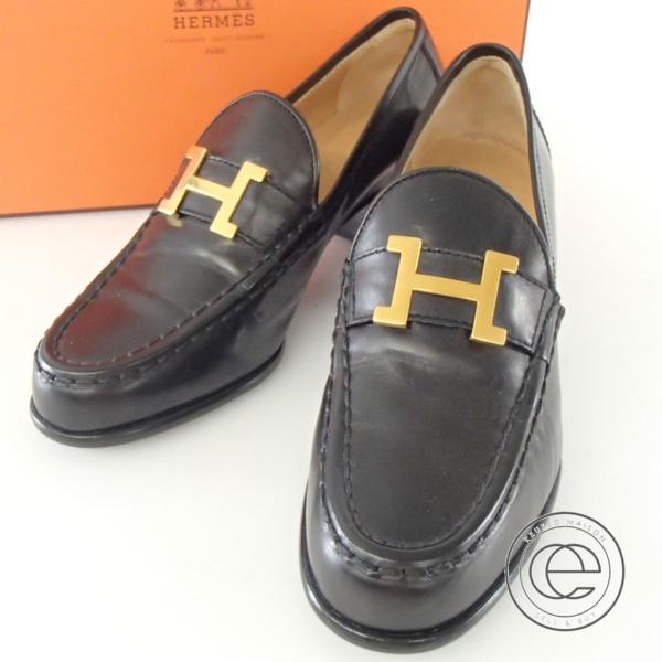 新品同様◎HERMESエルメス ゴールドH金具 レザーローファー35.5